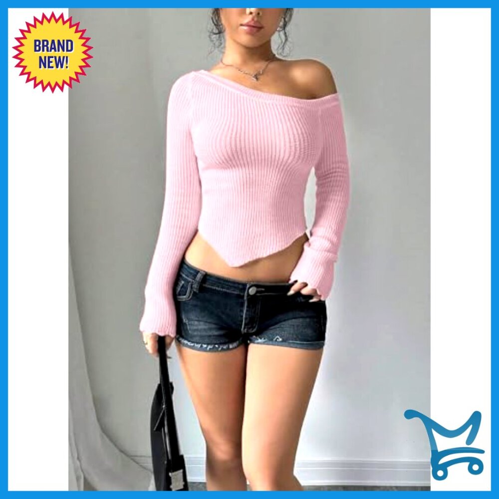 Off Shoulder Cropped Pullover Ribbed Knit Sweater… - image 3